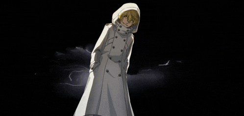 a man in a white coat with a hood is standing in the dark