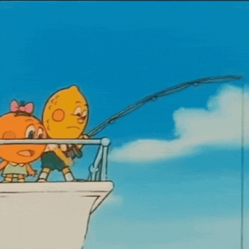a group of cartoon characters are standing on a balcony with a robot hanging from a fishing rod