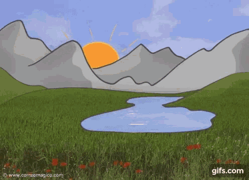 a cartoon drawing of a mountain landscape with a river and the sun