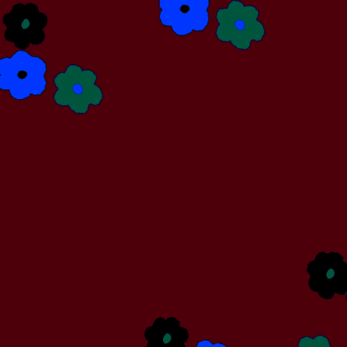 green and white writing on a maroon background with blue and green flowers