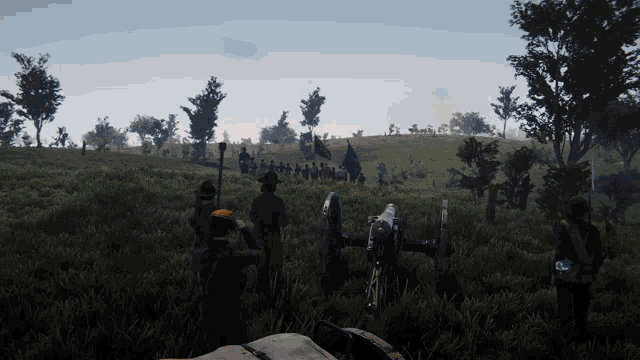 a group of people standing in a field with a cannon