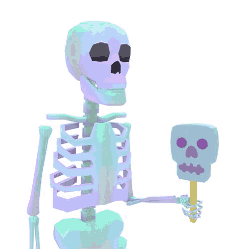 a cartoon skeleton holding a skull on a stick