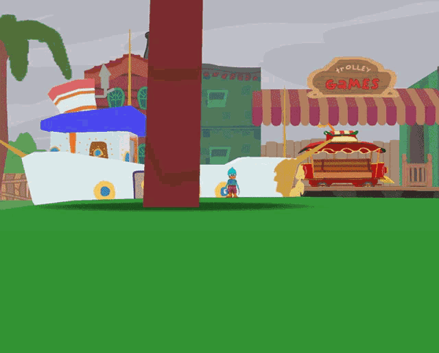 a cartoon character stands in front of a trolley games stand