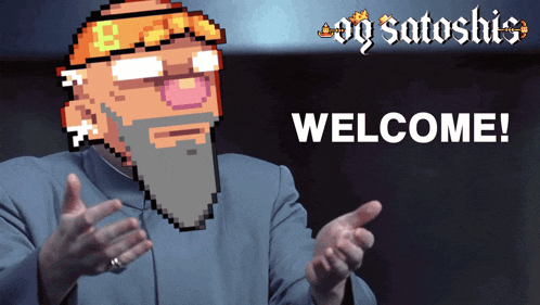 a pixelated image of a man with glasses and a beard says welcome