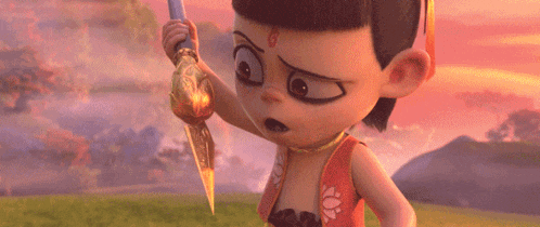 a cartoon character is holding a sword in a field and looking at the camera .