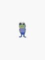 a frog wearing a blue shirt and blue pants is crying on a white background .