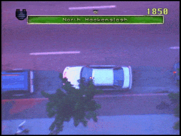 a video game screen shows a car parked on the side of the road and says north hackenslash