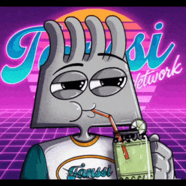 a cartoon character holding a drink with a straw in front of a sign that says ' tanssi network '