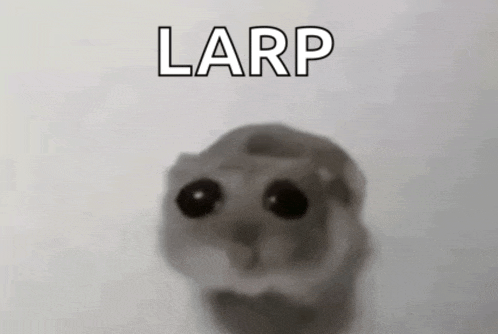 a black and white photo of a hamster with the word larp written on it .