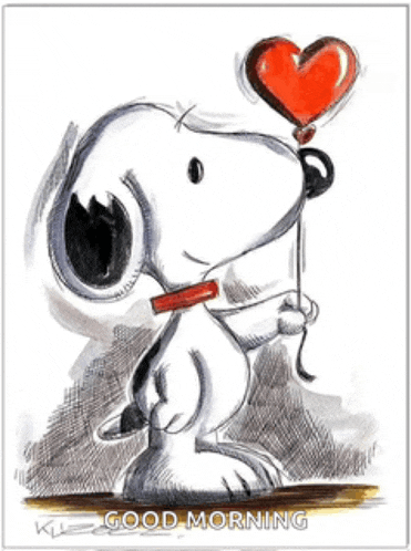 a drawing of snoopy holding a heart shaped balloon in his mouth