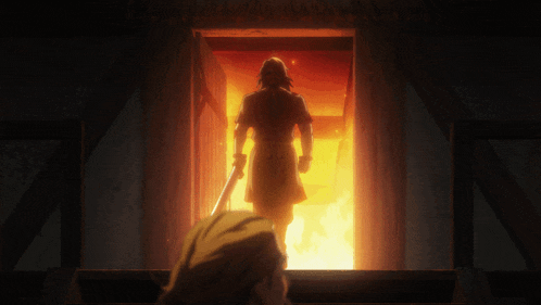 a man with a sword is standing in a doorway with a fire coming out of it