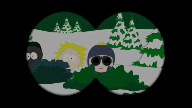 a cartoon character looking through binoculars at a snowy forest