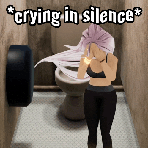 a picture of a woman in a bathroom with the caption " crying in silence "