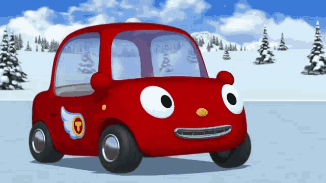 a red cartoon car with a wing and a circle on the side