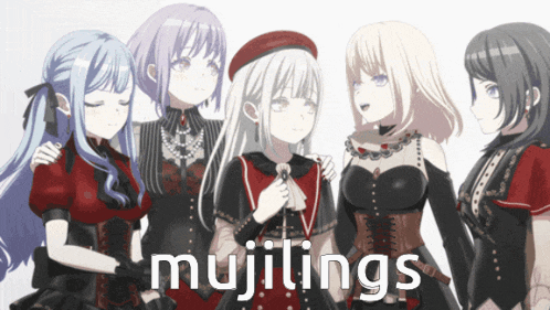 a group of anime girls are standing next to each other and the word mujilings is on the bottom