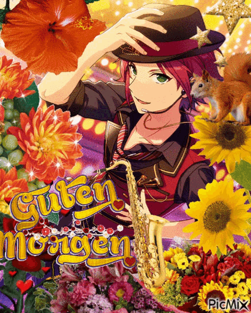 a picture of a man playing a saxophone with the words guten morgen written on it