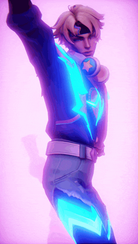 a man in a blue jacket with a blue star on it is standing with his arm in the air
