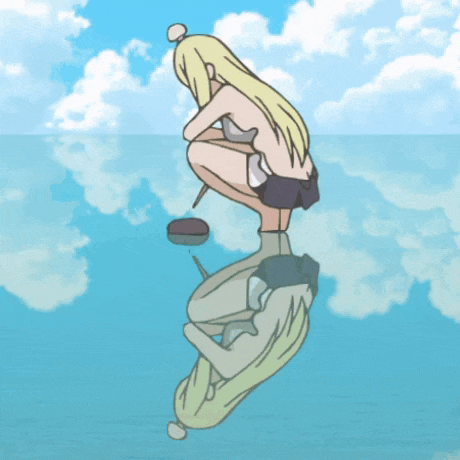a drawing of a girl kneeling in the water with her reflection in the water
