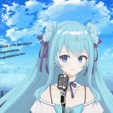a girl with blue hair is singing into a microphone with the words made it to the credits congratulations rein in the background