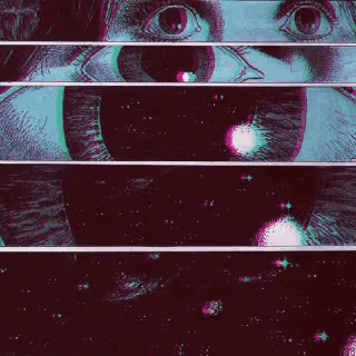 a close up of a person 's eyes with a purple background