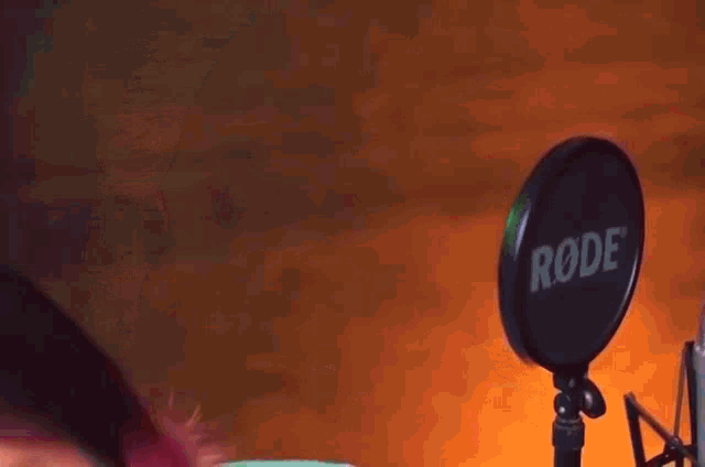 a woman is smiling in front of a rode microphone in a studio .