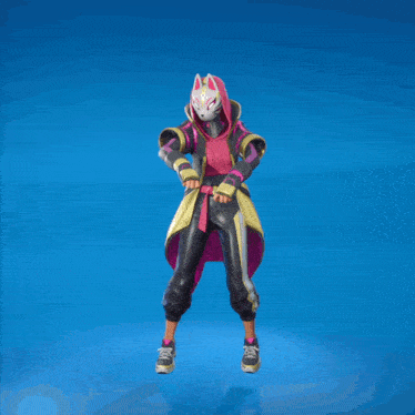 a person wearing a pink and yellow outfit and a fox mask