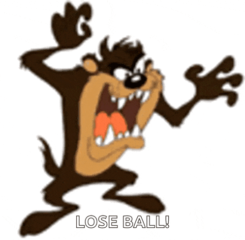 a cartoon chicken is swirling in a tornado with the words `` lose ball '' written below it .