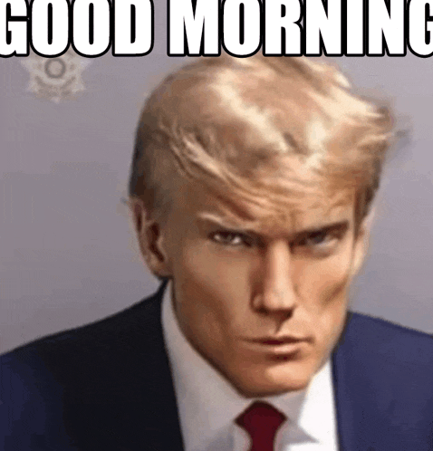 a man in a suit and tie is looking at the camera with the words `` good morning '' written above him .