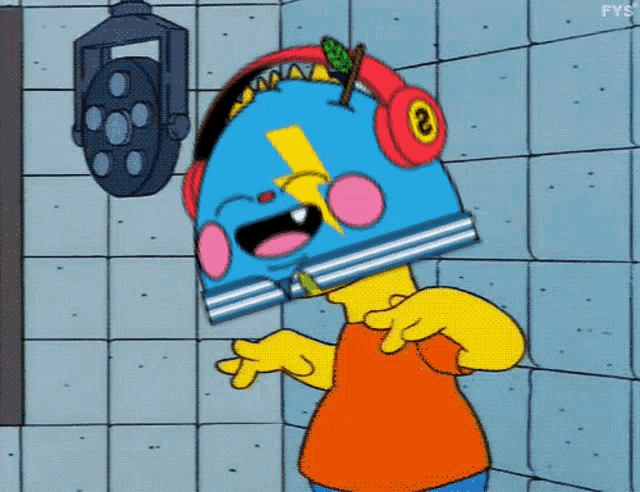 a cartoon character with headphones and a number 2 on his head
