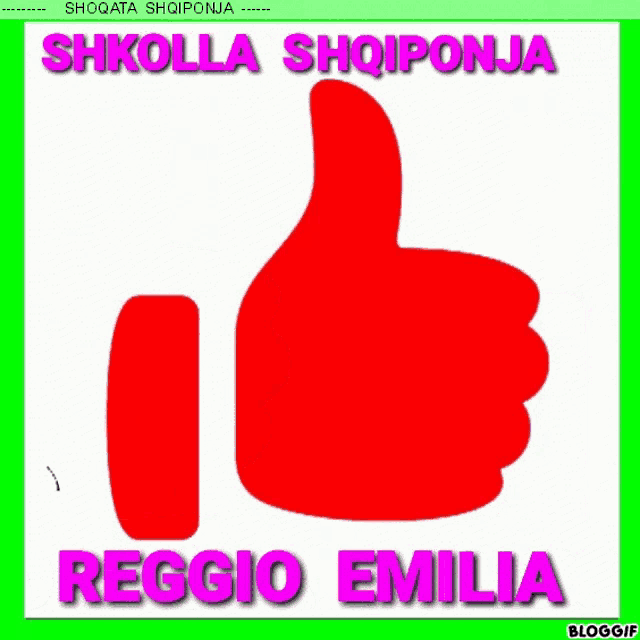 a red thumbs up sign with the name reggio emilia