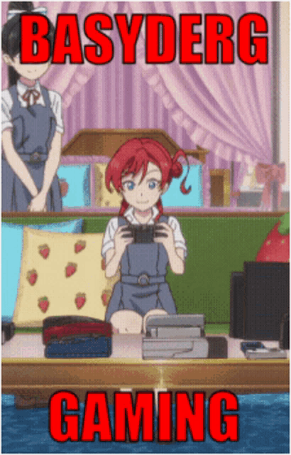a poster of a girl playing a video game with the words basyderg gaming