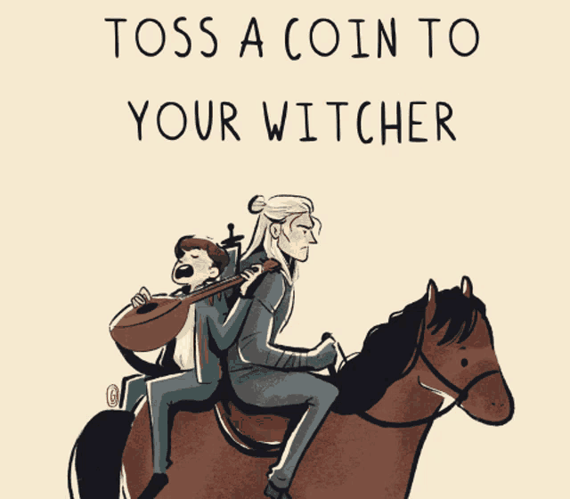 a cartoon of a man riding a horse with a boy playing a lute