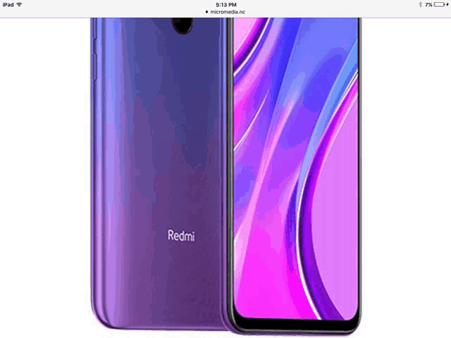 the front and back of a purple redmi cell phone