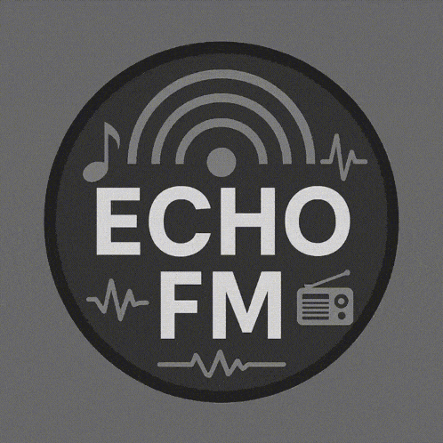 a logo for echo fm with a rainbow and a radio