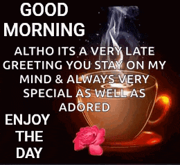 a good morning greeting with a cup of coffee and a rose