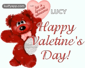 a red teddy bear is holding a pink heart and says happy valentine 's day