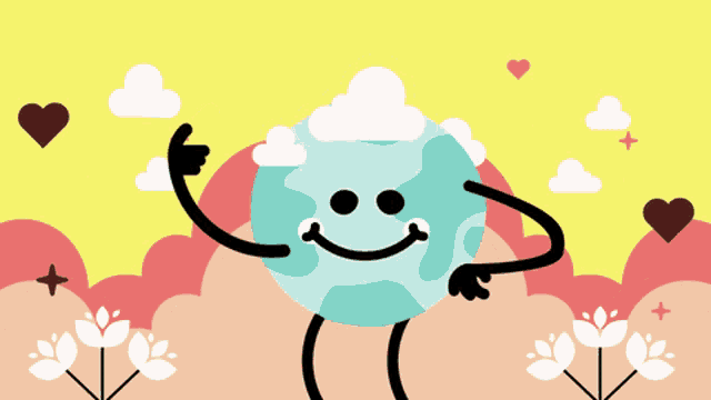 a cartoon illustration of a smiling earth surrounded by flowers and clouds