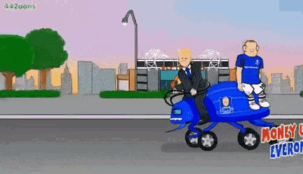 a cartoon of a man riding on the back of a blue vehicle that says monkey everton