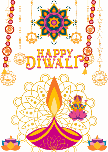 a greeting card that says happy diwali with a pink lamp