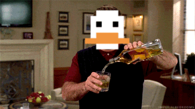 a man is pouring a glass of whiskey with a pixelated duck on his face