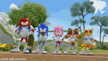 a group of cartoon characters standing next to each other with the words made with mematic below them