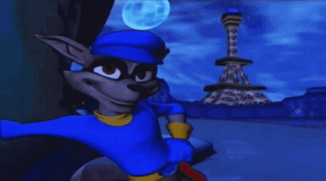 a cartoon character is standing in front of an eiffel tower at night