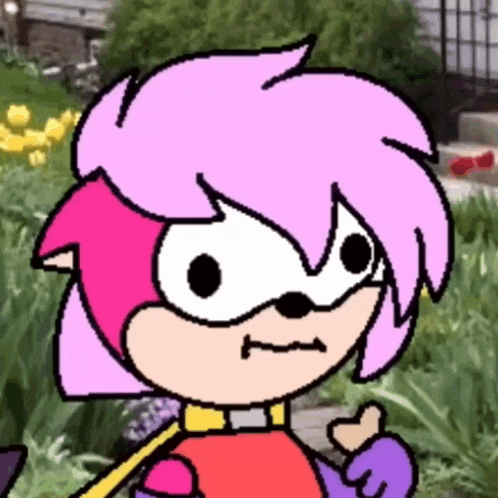 a pixel art drawing of a cartoon character with pink hair giving a thumbs up .