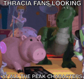 a picture of toy story characters with the words thracia fans looking at all the peak characters