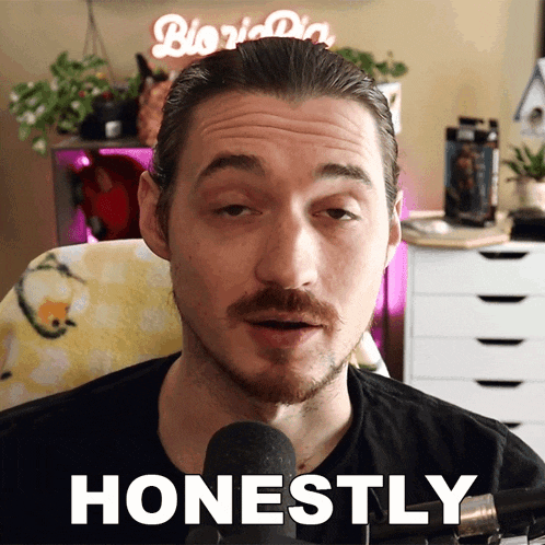 a man in front of a microphone with the word honestly on the bottom right