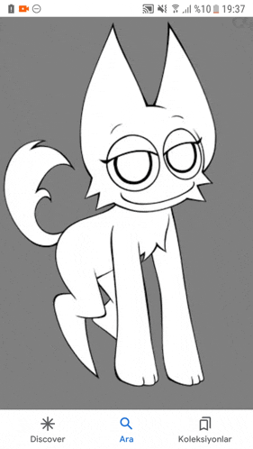 a phone screen shows a drawing of a cat and the time of 19:37