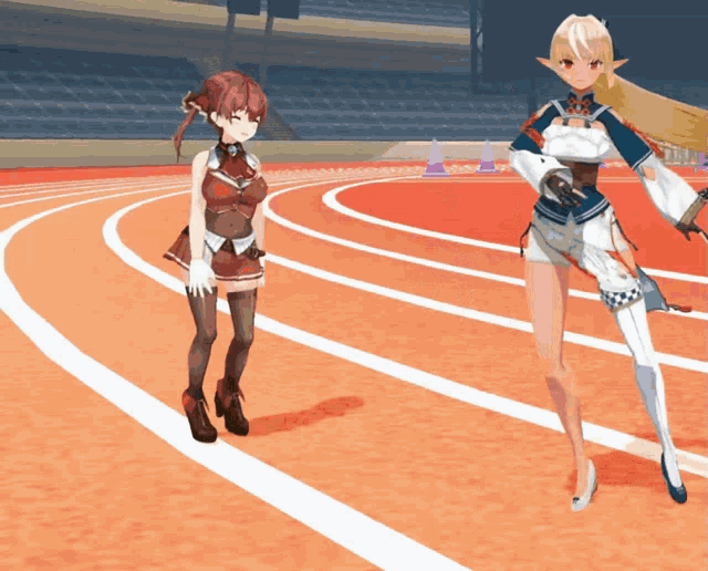two anime girls are standing on a track and one has a sword