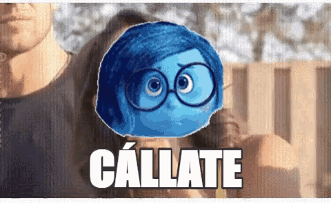 a man and a woman are standing next to each other with a cartoon character with glasses and the word callate in white letters