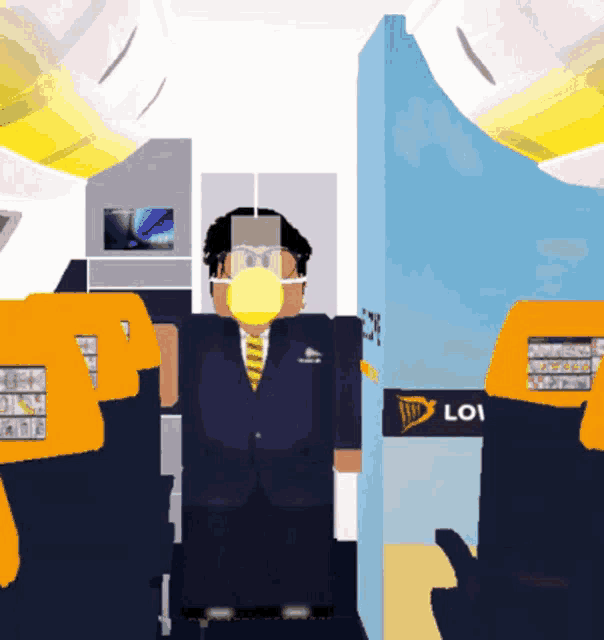 a man in a suit and tie is wearing a mask on an airplane with a sign that says loi