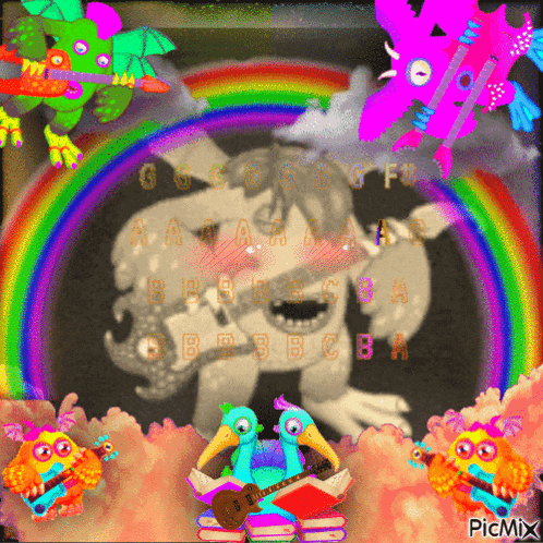 a cartoon of a monster reading a book and playing a guitar with a rainbow in the background